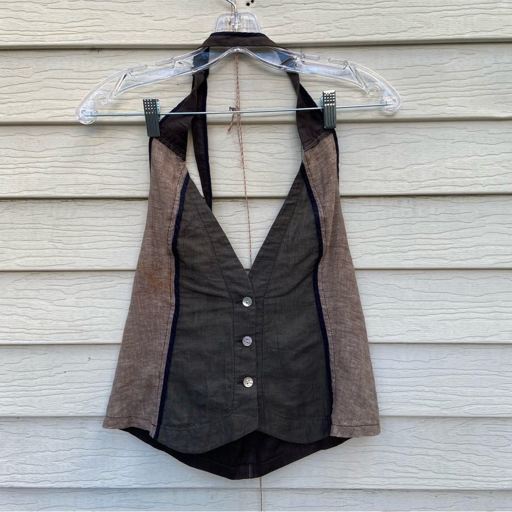 Merveille H.  Tailored Black and Brown Cropped Halter Vest Selvedge Design